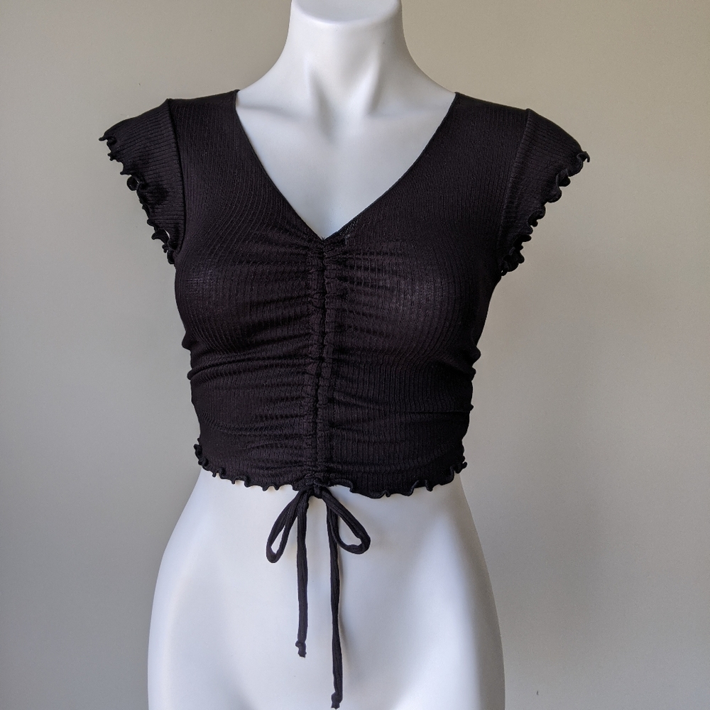 Antistar Ribbed V Neck Ruched Crop Tee, Black XS NWT